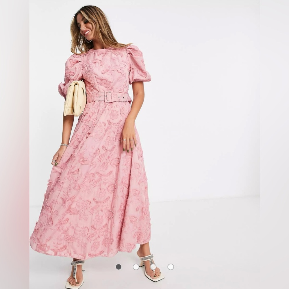 ASOS Size 12 Belted Midi Skater Dress in Textured Jacquard Pink